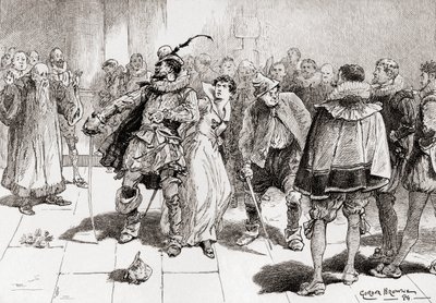 Petruchio: No temas, dulce muchacha, no te tocarán Kate, te protegeré contra un millón, Escena de la obra de William Shakespeare La Fierecilla Domada, Acto III, Escena 2, de Las Obras de William Shakespeare de Gordon Frederick Browne